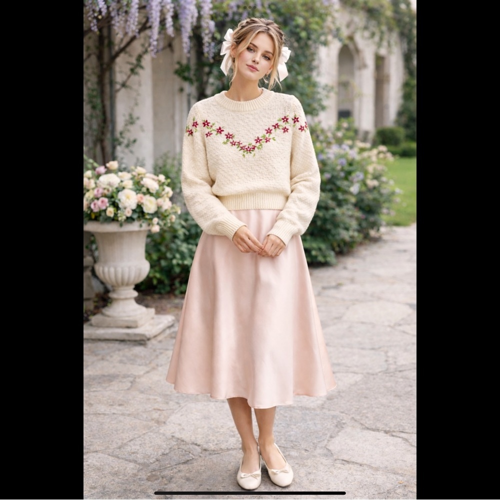 Lulus XS Cream Embroidered Floral Coquette Sweater Cottagecore